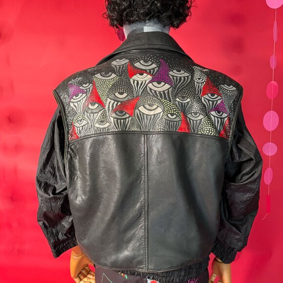Vintage 90s Upcycled Black Leather Vest – Hand Painted All Seeing Eye Design - Picture 1 of 12
